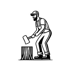 A lumberjack cutting wood with a mallet, showcasing physical strength, outdoor labor, and forestry work.