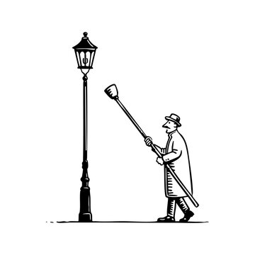 A vintage lamplighter igniting an old street lantern with a long pole, symbolizing historic city life and traditional professions.