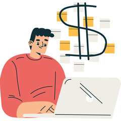 Man Working On Laptop With Dollar Sign Symbol Background For Financial Success And Wealth Concept