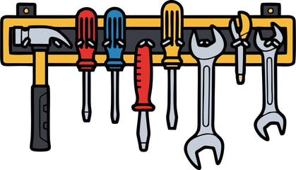 Cartoon Tool Rack with Hammer, Screwdrivers, and Wrenches Hanging on Yellow Support