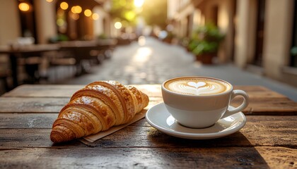 A cup of coffee with latte art and a fresh croissant sitting on a rustic wooden table at an outdoor cafe.
