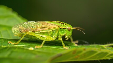 Fototapeta premium Close-up macro photo of a green leafhopper insect resting on a leaf, detailed texture of wings with water droplets, macro photography of green cicadellidae bug in nature, leaf insect macro background