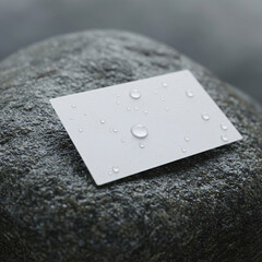 Blank waterproof business card mockup on wet textured gray stone surface