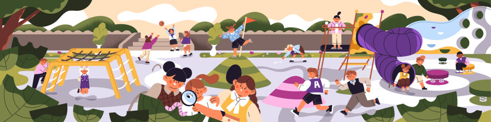 Fototapeta premium Cute kids have fun on playground. Happy children climb, slide in urban park. Little boys and girls play tag and ball outdoor. Friends research nature in summer in school yard. Flat vector illustration