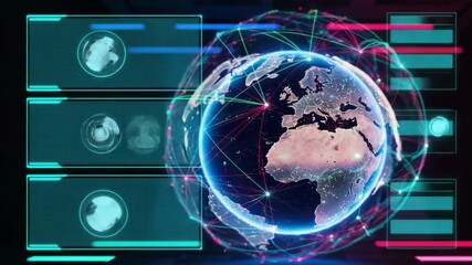 Global network visualized on a glowing Earth with digital interfaces - Powered by Adobe