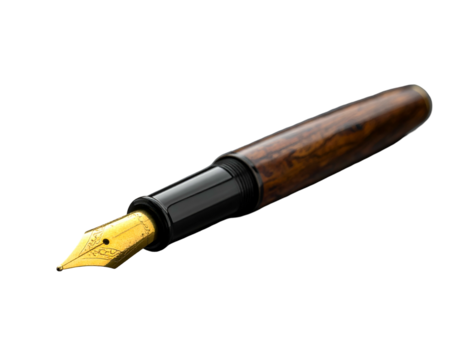 A polished fountain pen with a gold nib and marbled brown barrel against black