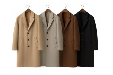 Collection of men's fashionable wool coats in neutral colors, hanging on wooden hangers. Transparent background