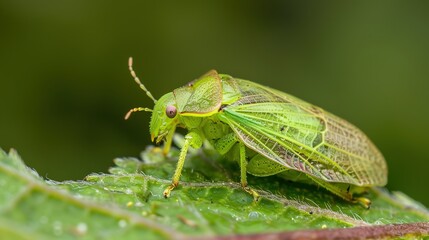 Fototapeta premium Close-up macro photo of a green leafhopper insect resting on a leaf, detailed texture of wings with water droplets, macro photography of green cicadellidae bug in nature, leaf insect macro background