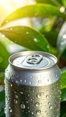 Close-up of a chilled beverage can covered in droplets, surrounded by lush green foliage, with sunlight filtering through