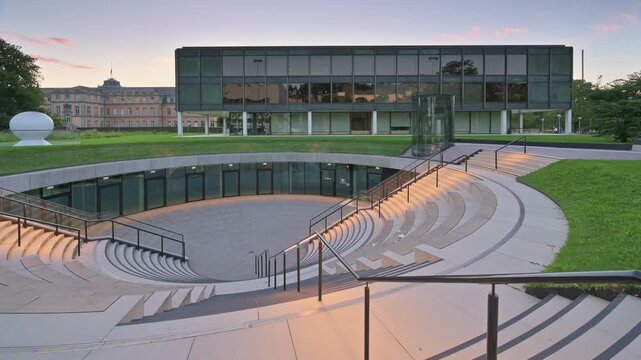 Illuminated Stairs at the State Parliament (Landtag) in Stuttgart, Germany &ndash; Evening Cityscape
