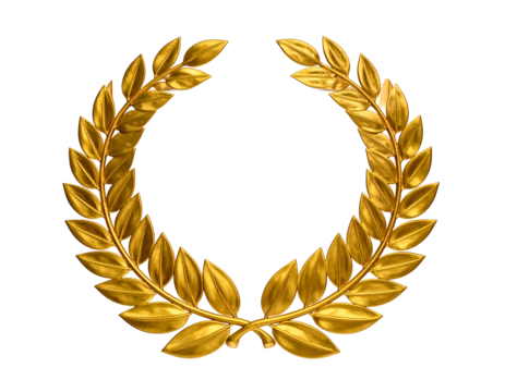 A golden, symmetrical laurel wreath on a black background. Leaves are detailed