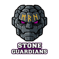 A stylized illustration of a stone-like robotic face with glowing eyes and inscribed runes.