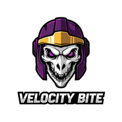 A stylized illustration of a skull wearing a purple and gold helmet, with the words 