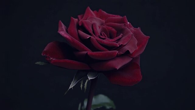 A solo red rose blooms on its stem against a dark, matte black background