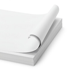 Blank stack of clean white paper sheets isolated with a curling top page