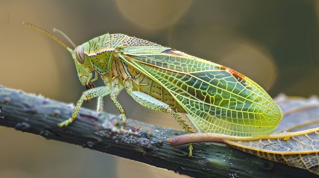 Close-up macro photo of a green leafhopper insect resting on a leaf, detailed texture of wings with water droplets, macro photography of green cicadellidae bug in nature, leaf insect macro background