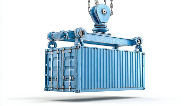 Delivery, cargo, shipping concept - blue cargo container hoisted by crane hook isolated on white.