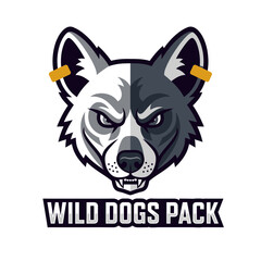 Cartoon illustration of a stylized wolf head with a fierce expression, featuring a two-tone color scheme and the text 