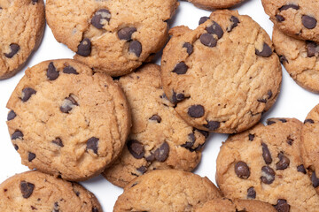 Chocolate chip cookies isolated on white background. Top view
