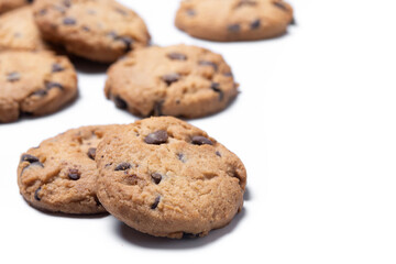 Chocolate chip cookies isolated on white background. Copy space