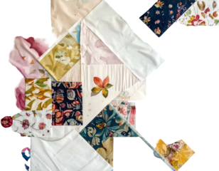 Geometric composition of fabric swatches with varied floral and solid color patterns