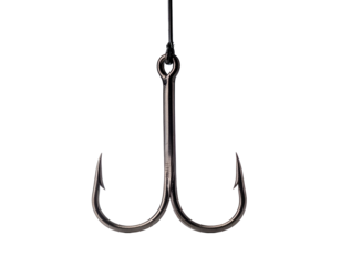 A close-up of a double hook, suspended against a stark black background