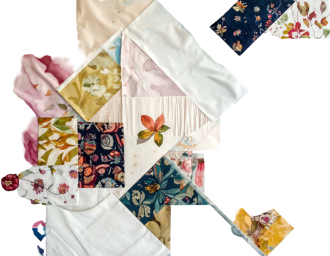 Geometric composition of fabric swatches with varied floral and solid color patterns