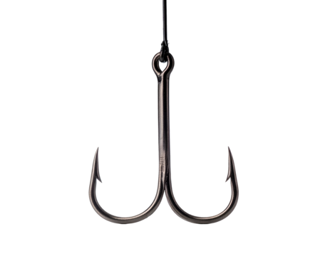 A close-up of a double hook, suspended against a stark black background