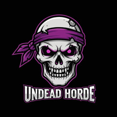 Skull with purple bandana and glowing eyes above the words 