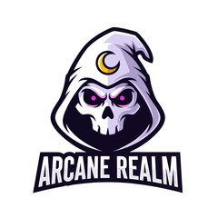 Skull with glowing purple eyes wearing a hooded cloak adorned with a crescent moon, above the text 