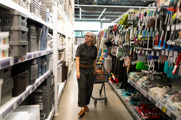 Shopping for home organization supplies in a store aisle with a shopping cart