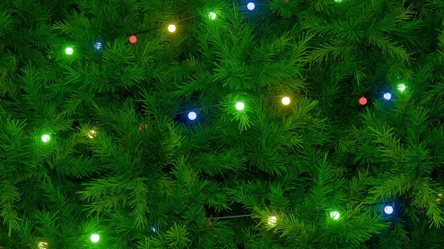 Christmas tree background. Christas branches. New Year fir tree with decorations and illumination. Xmas tree decorations background. New Year and Christmas 2026/2025. Loop animation 4K	