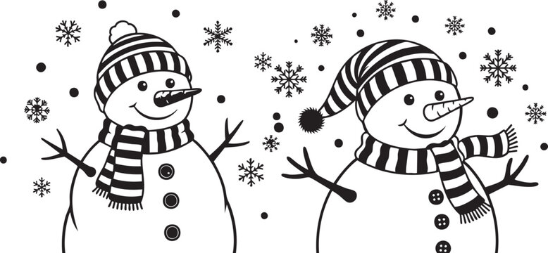 Joyful snowmen friends celebrate winter fun with festive scarves and hats amidst falling snowflakes, perfect for holiday designs.