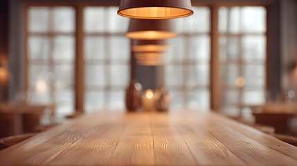 Community dining hall blurred long wooden table with warm hanging lamps