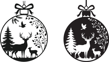 Majestic deer and fawn silhouette adorn a festive Christmas ornament scene with pine trees and birds, evoking winter wonder and nature's grace.
