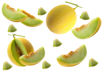 vibrant honeydew melon composition, slices and whole fruits arranged dynamically, conveying freshness, sweetness, and summer abundance, perfect for healthy lifestyle visuals