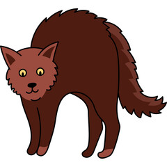 Cartoon Brown Cat Arched Back Furry Tail Wide Eyes with Smiling Mouth on White Transparent Background