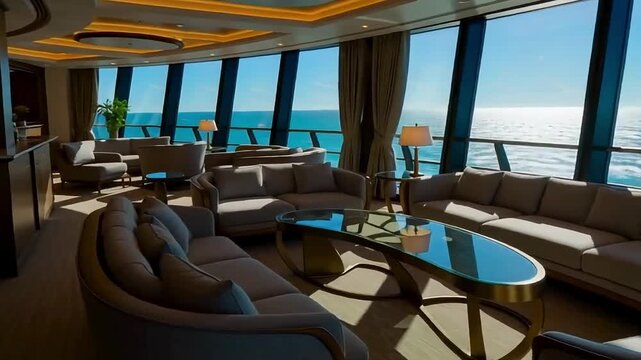 Cruise ship lounge with panoramic sea view, modern furniture, and ambient lighting