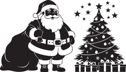 Jolly Santa Claus with sack of gifts stands beside a decorated Christmas tree and presents, perfect for festive holiday designs and joyful celebrations.