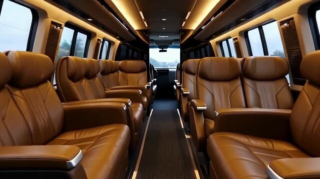 Luxury bus lounge with sofa-style seating, ambient lighting, and wide windows