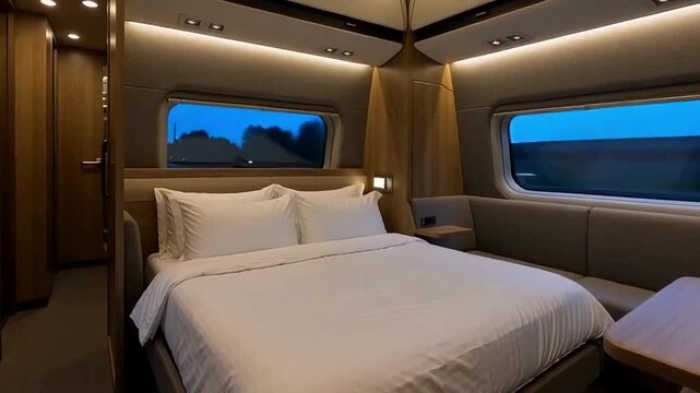 Modern train sleeper cabin with compact bed, clean decor, and soft lighting