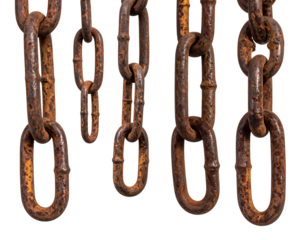 Several rusty metal chains hang against a black background