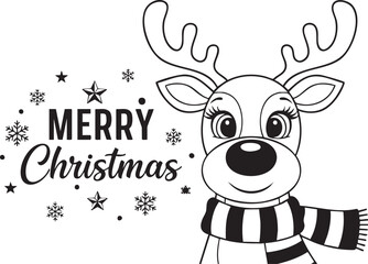 Adorable cartoon reindeer cheerfully wishing Merry Christmas with festive snowflakes and stars, perfect for holiday greetings and decorations