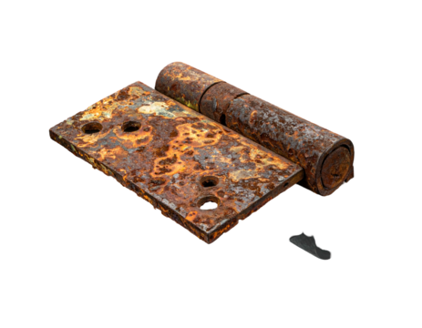 Close-up of a heavily rusted hinge, showing degradation and decay