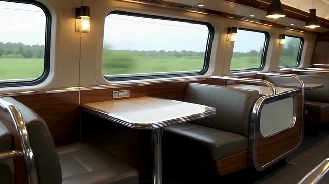 Train dining car interior with sleek tables, modern lighting, and compact layout