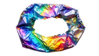 Crinkled, reflective foil ring shimmers with rainbow hues against a dark void backdrop, creating an abstract effect