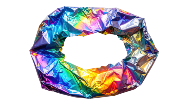 Crinkled, reflective foil ring shimmers with rainbow hues against a dark void backdrop, creating an abstract effect