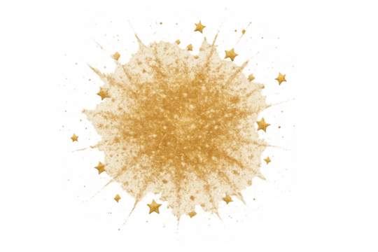 Golden glitter dust explosion with scattering stars on transparent background, celebrating festive moments and success
