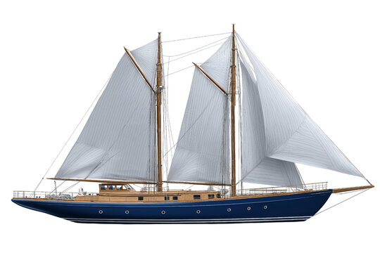 Blue schooner sailboat with white sails isolated on a transparent background
