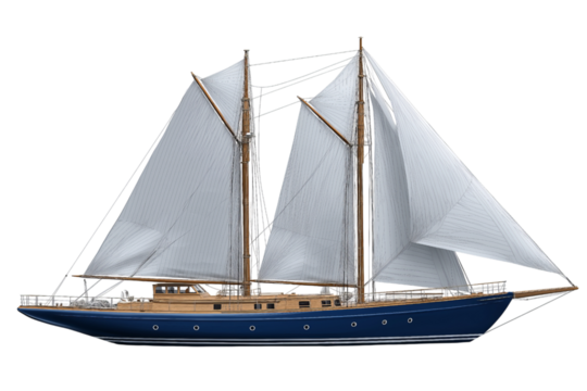 Blue schooner sailboat with white sails isolated on a transparent background